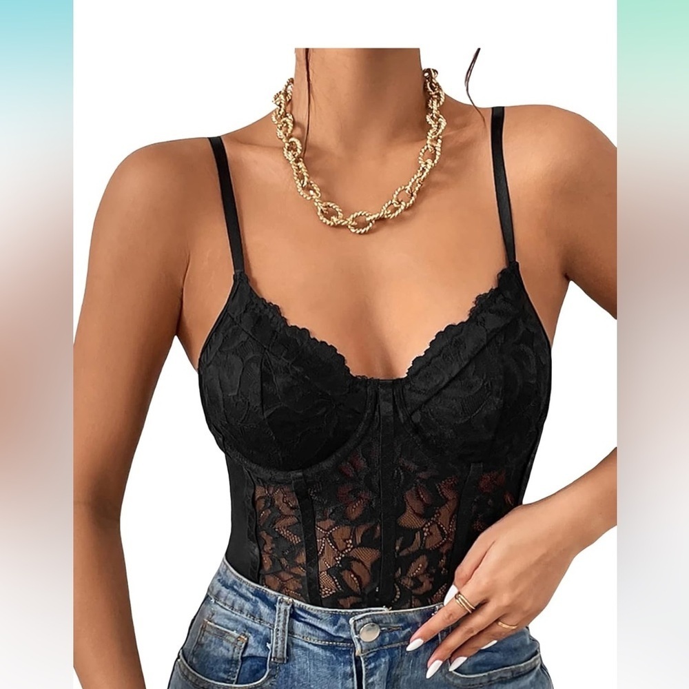 Women's Black Lace Sheer Bodysuit w/Spaghetti Straps. Size XS
